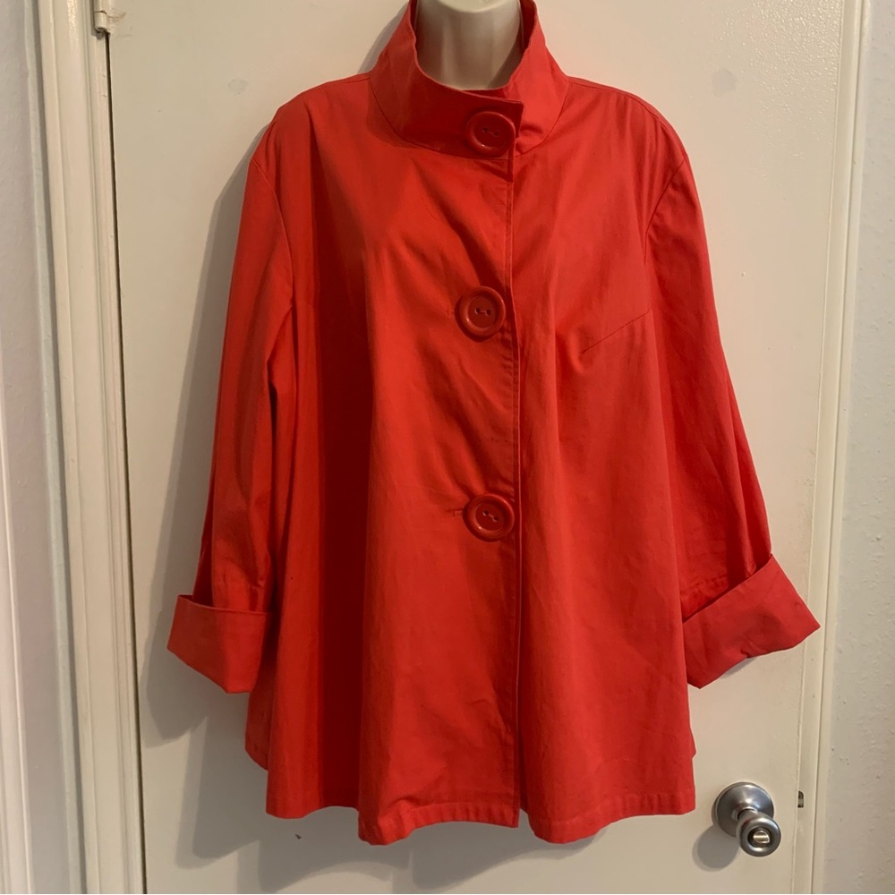 Vibrant Red Cotton funnel neck collar loose fit XL buttons  trench coat XL